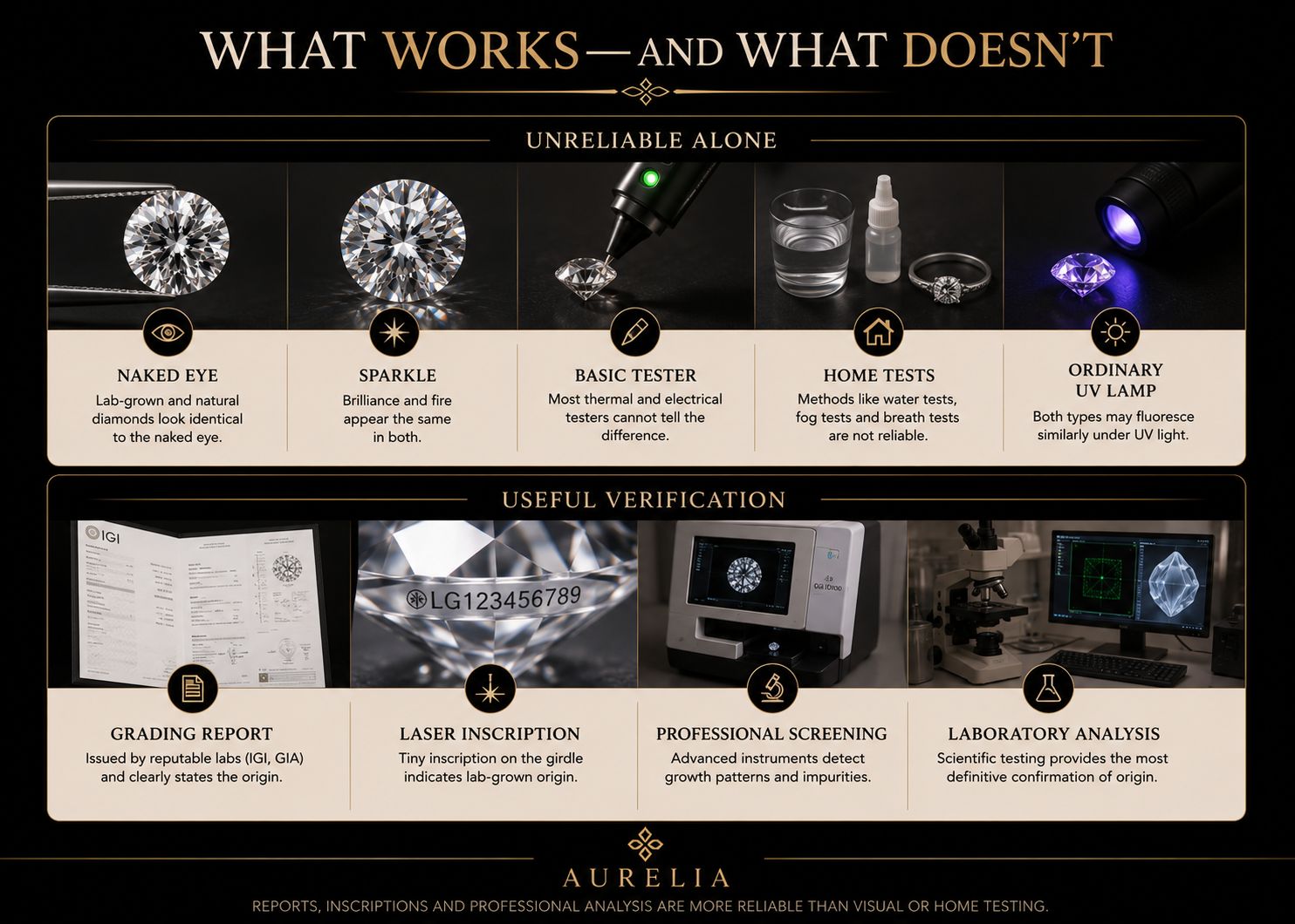 Lab-Grown Diamonds vs Simulants Comparison of lab-grown diamond, cubic zirconia and moissanite gemstones