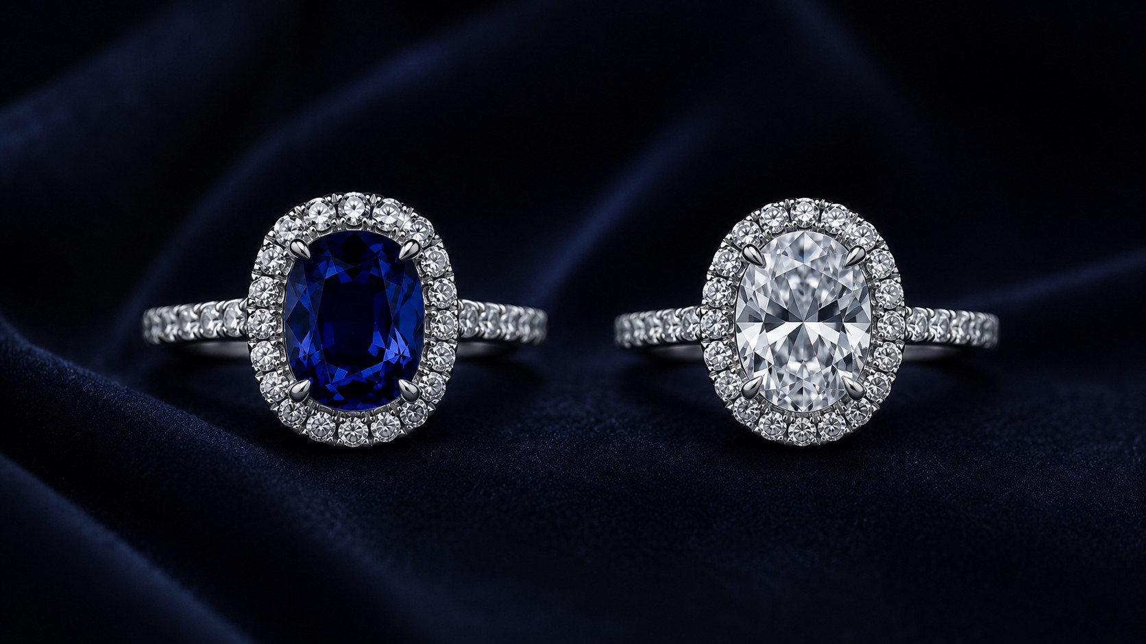 Center Stone Contrasts A side-by-side comparison of a coloured sapphire and a colourless diamond