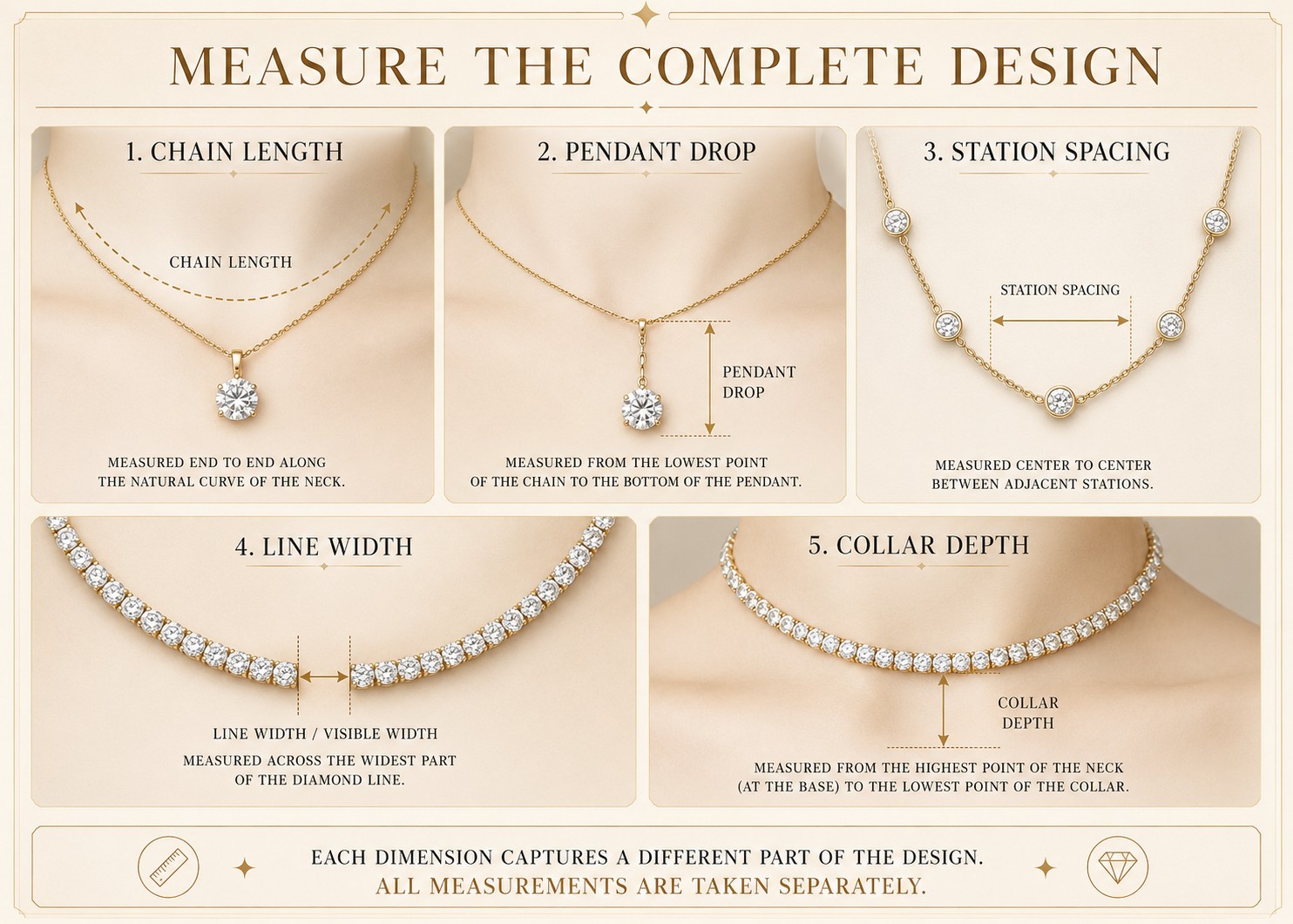 Compare Fastening as Part of the Design Diamond necklace clasp chain coverage layering dimensions comparison